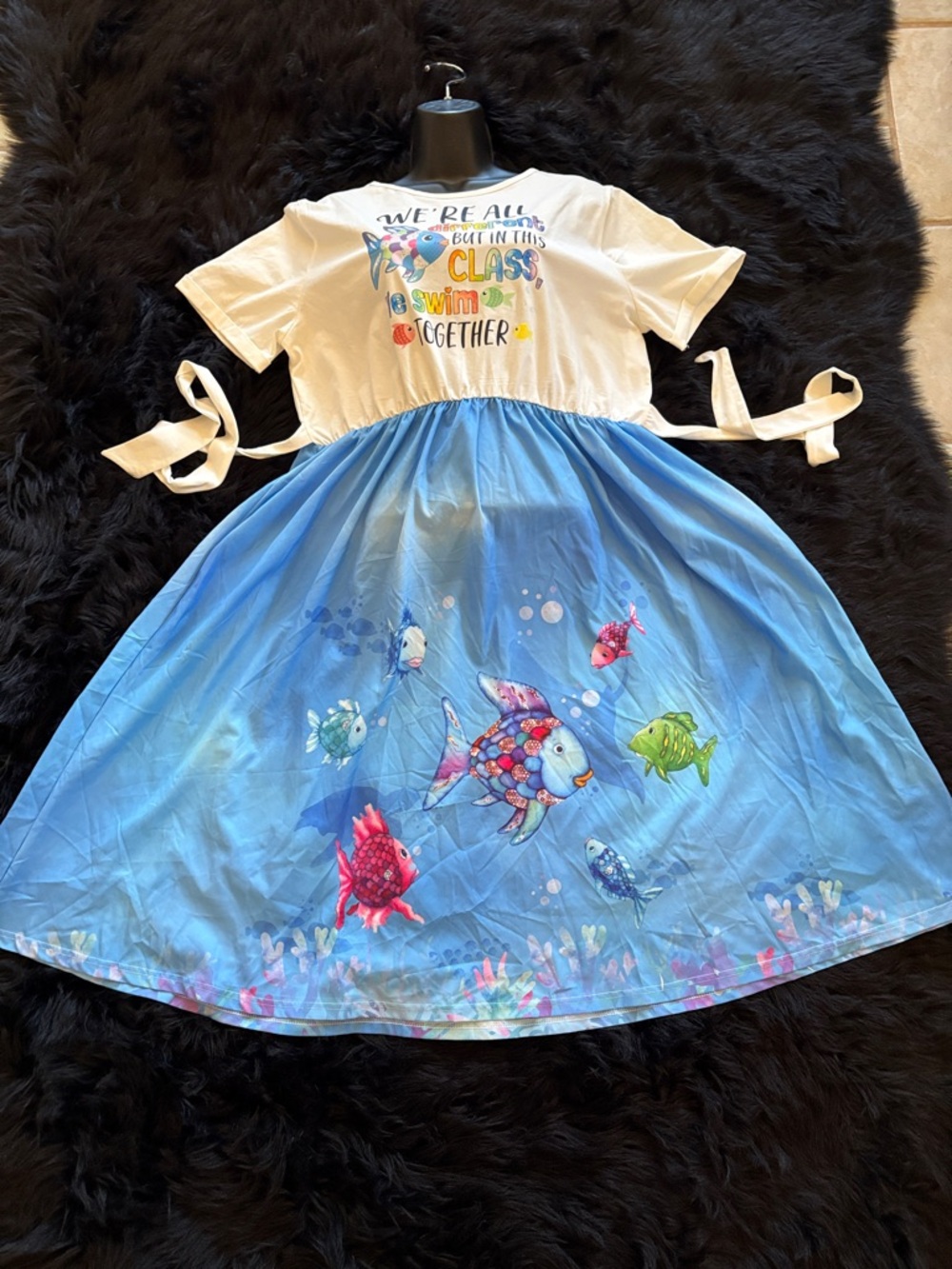 Colorful Fish Print Dress - Blue & White